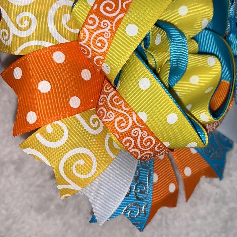Big Sunshine Day Hairbow Bow OTT Custom Made Orange Yellow & Blue EUC